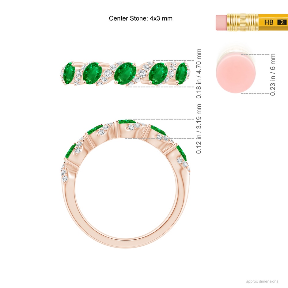 4x3mm AAAA Five Stone Oval Emerald Swirl Ring with Diamonds in Rose Gold ruler