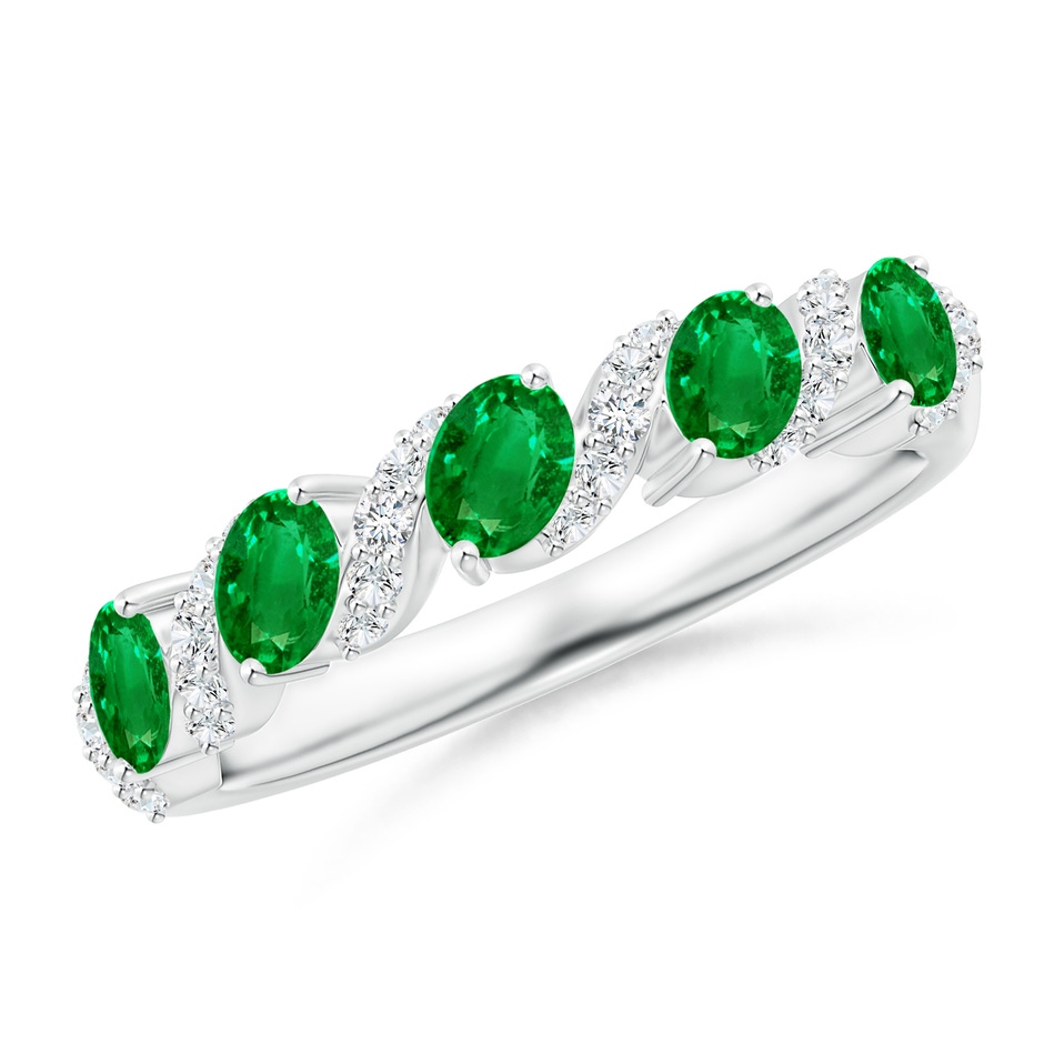 4x3mm AAAA Five Stone Oval Emerald Swirl Ring with Diamonds in White Gold 