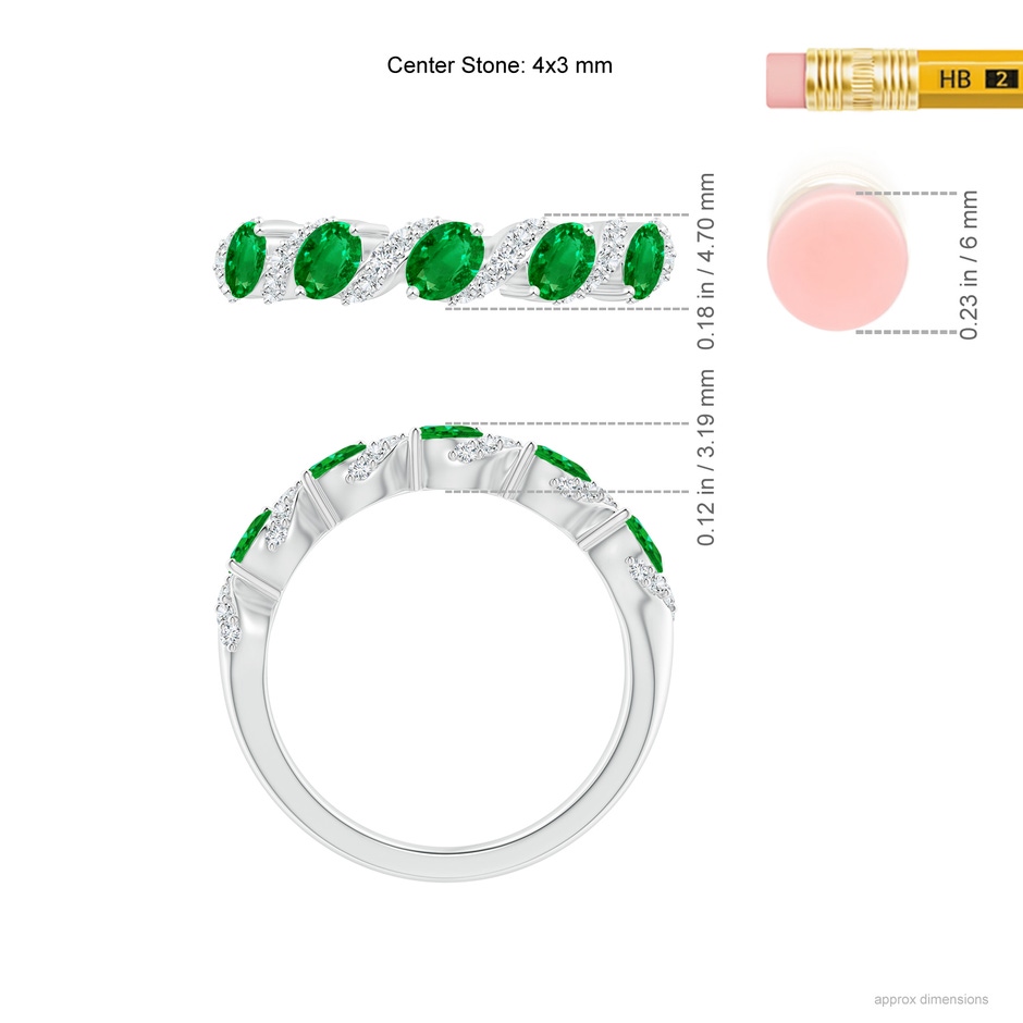 4x3mm AAAA Five Stone Oval Emerald Swirl Ring with Diamonds in White Gold ruler
