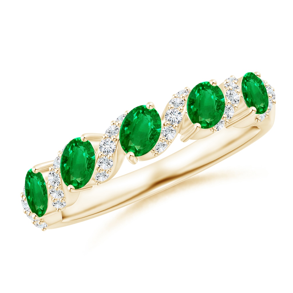 4x3mm AAAA Five Stone Oval Emerald Swirl Ring with Diamonds in Yellow Gold