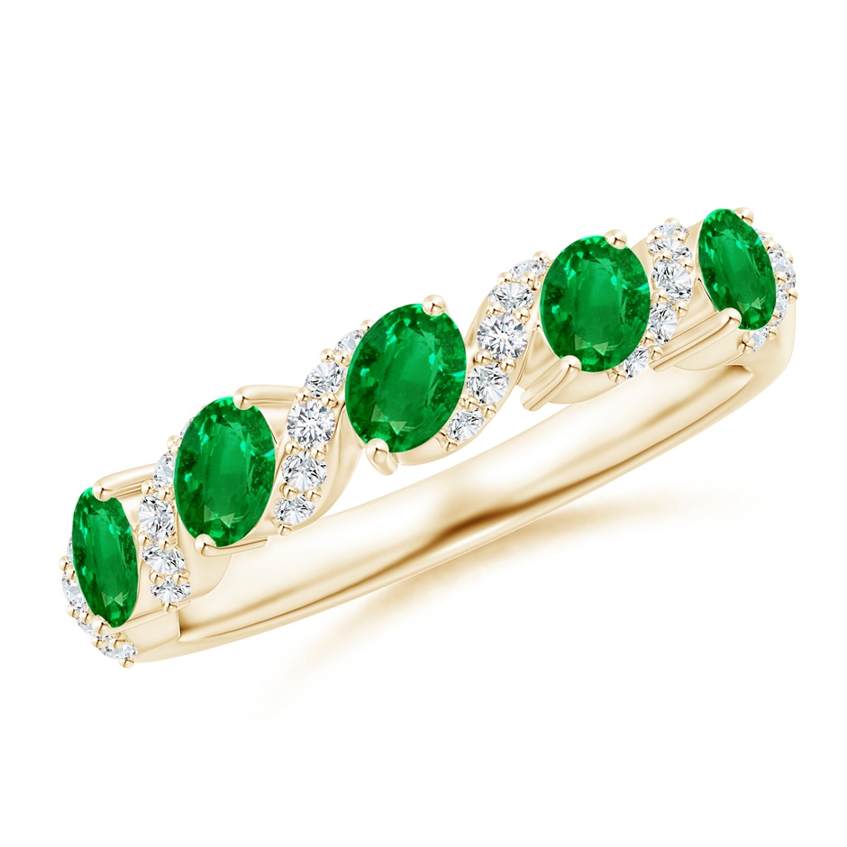 4x3mm AAAA Five Stone Oval Emerald Swirl Ring with Diamonds in Yellow Gold 