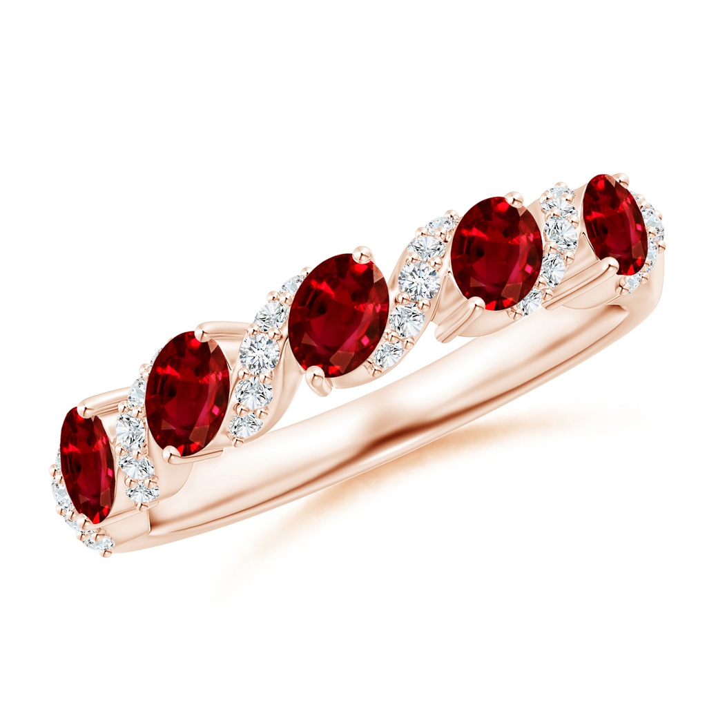4x3mm AAAA Five Stone Oval Ruby Swirl Ring with Diamonds in Rose Gold