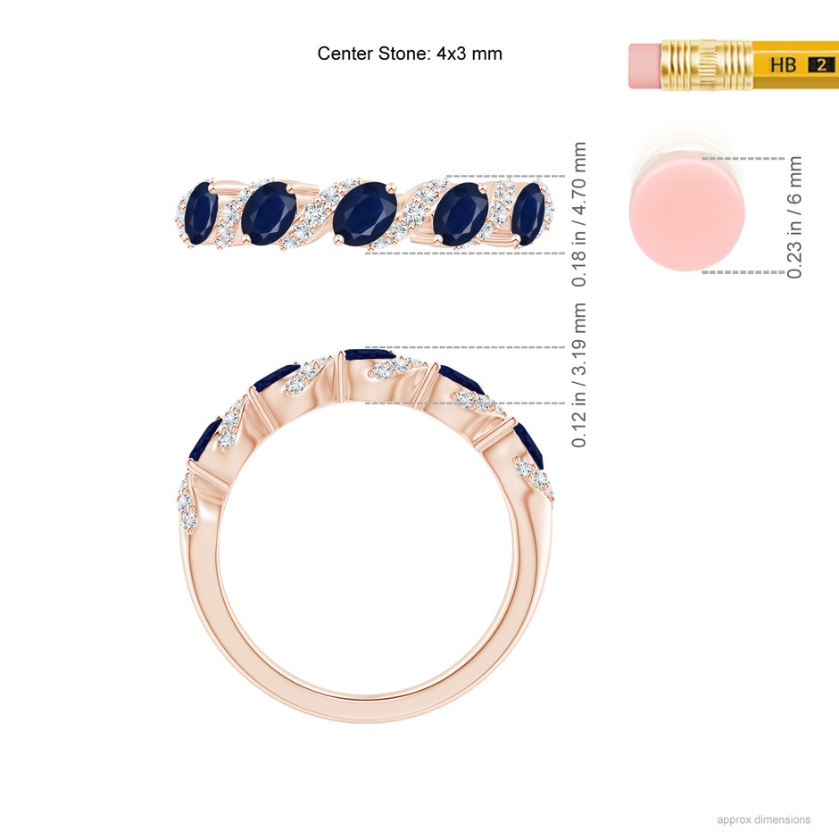 4x3mm A Five Stone Oval Sapphire Swirl Ring with Diamonds in Rose Gold ruler