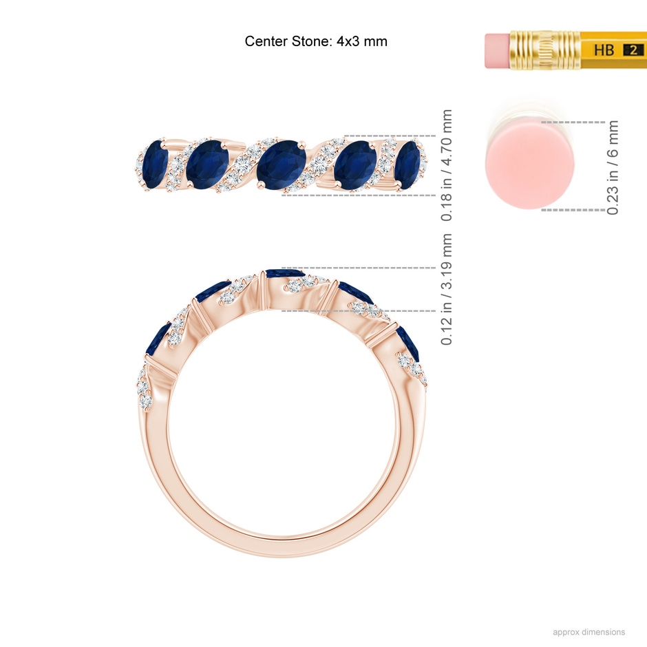 4x3mm AA Five Stone Oval Sapphire Swirl Ring with Diamonds in Rose Gold ruler