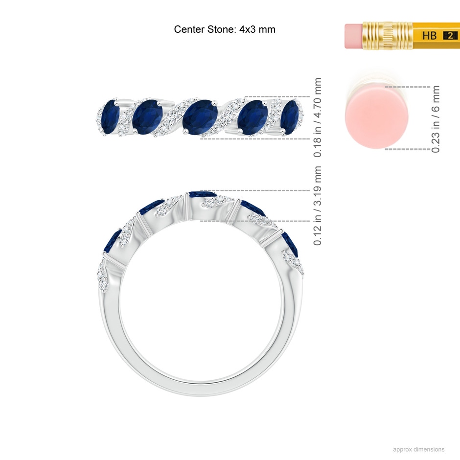 4x3mm AA Five Stone Oval Sapphire Swirl Ring with Diamonds in White Gold ruler