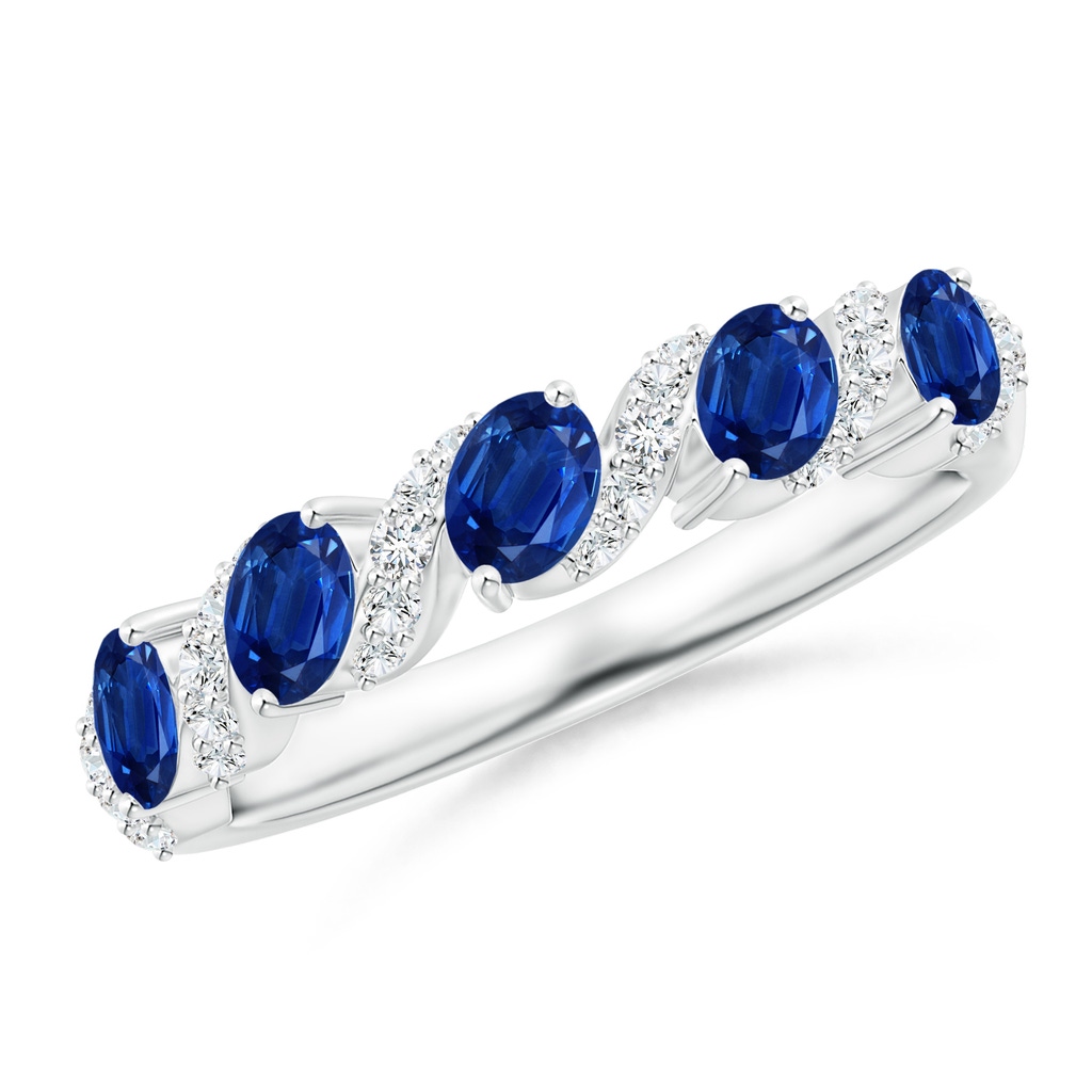 4x3mm AAA Five Stone Oval Sapphire Swirl Ring with Diamonds in White Gold