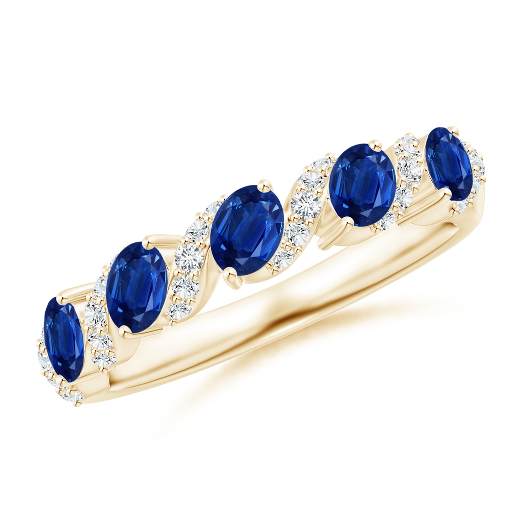 4x3mm AAA Five Stone Oval Sapphire Swirl Ring with Diamonds in Yellow Gold