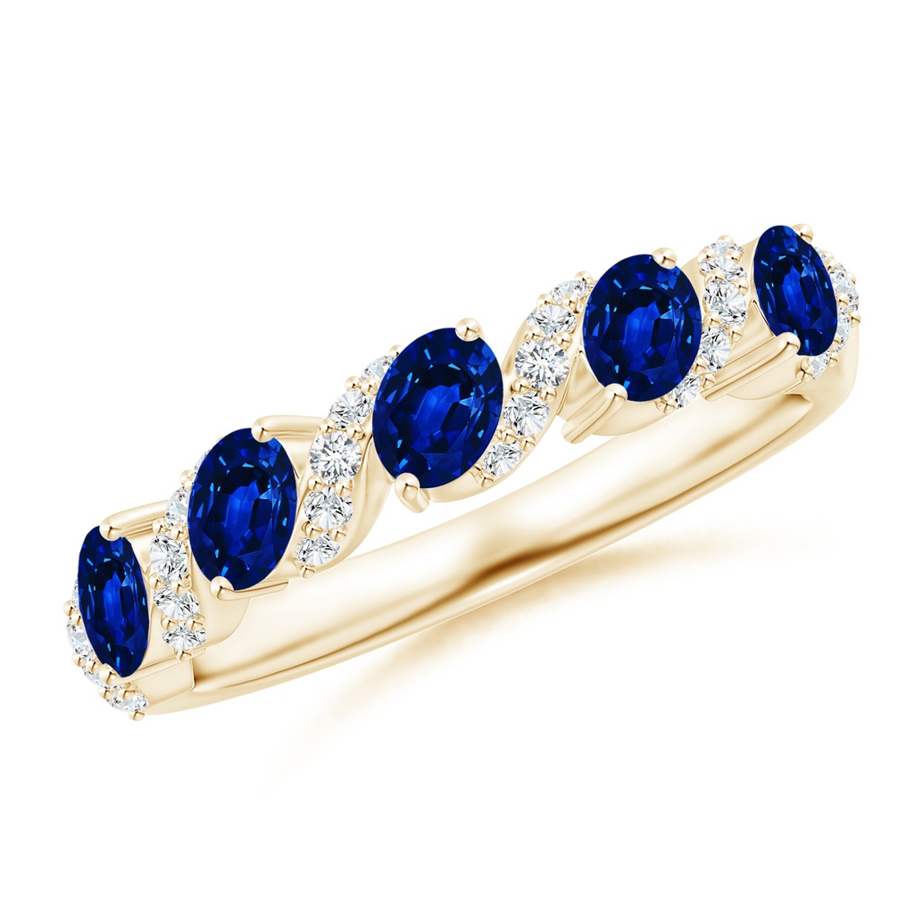 4x3mm AAAA Five Stone Oval Sapphire Swirl Ring with Diamonds in Yellow Gold