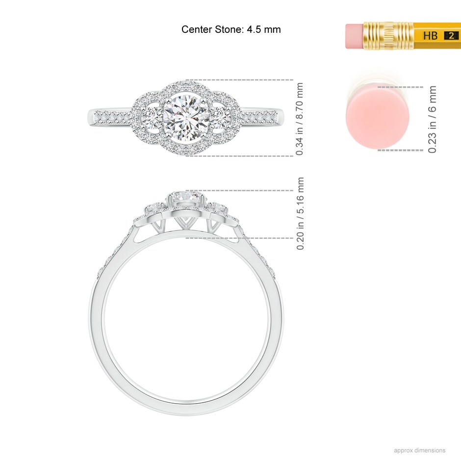 4.5mm HSI2 Three Stone Diamond Ring with Halo Frame in White Gold ruler