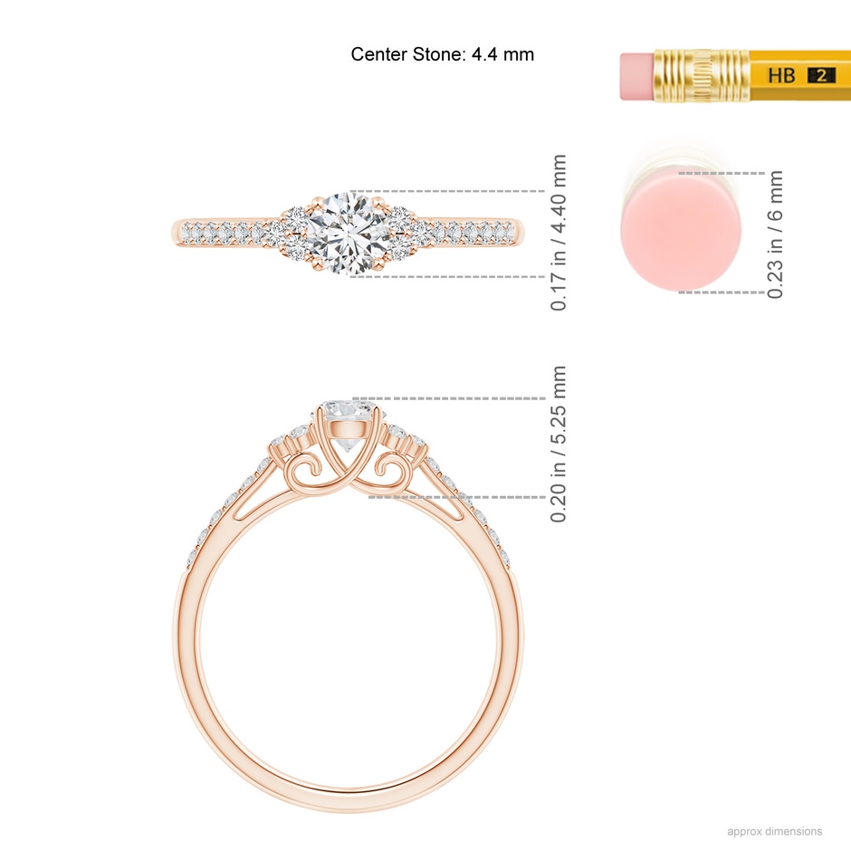 4.4mm HSI2 Round Diamond Cathedral Ring with Trio Accents in Rose Gold ruler