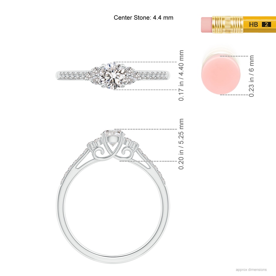 4.4mm IJI1I2 Round Diamond Cathedral Ring with Trio Accents in White Gold ruler