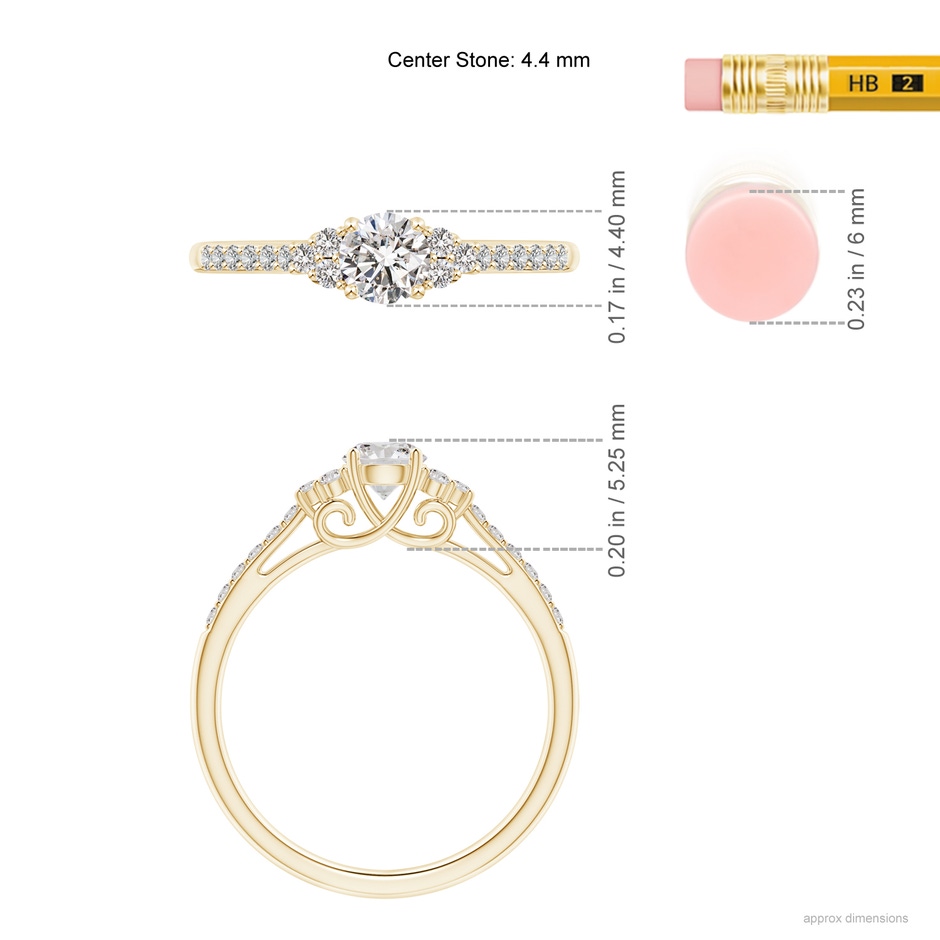 4.4mm IJI1I2 Round Diamond Cathedral Ring with Trio Accents in Yellow Gold ruler