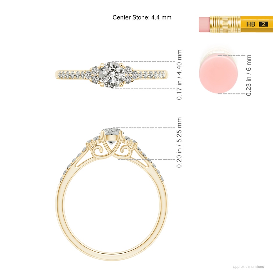 4.4mm KI3 Round Diamond Cathedral Ring with Trio Accents in 9K Yellow Gold ruler