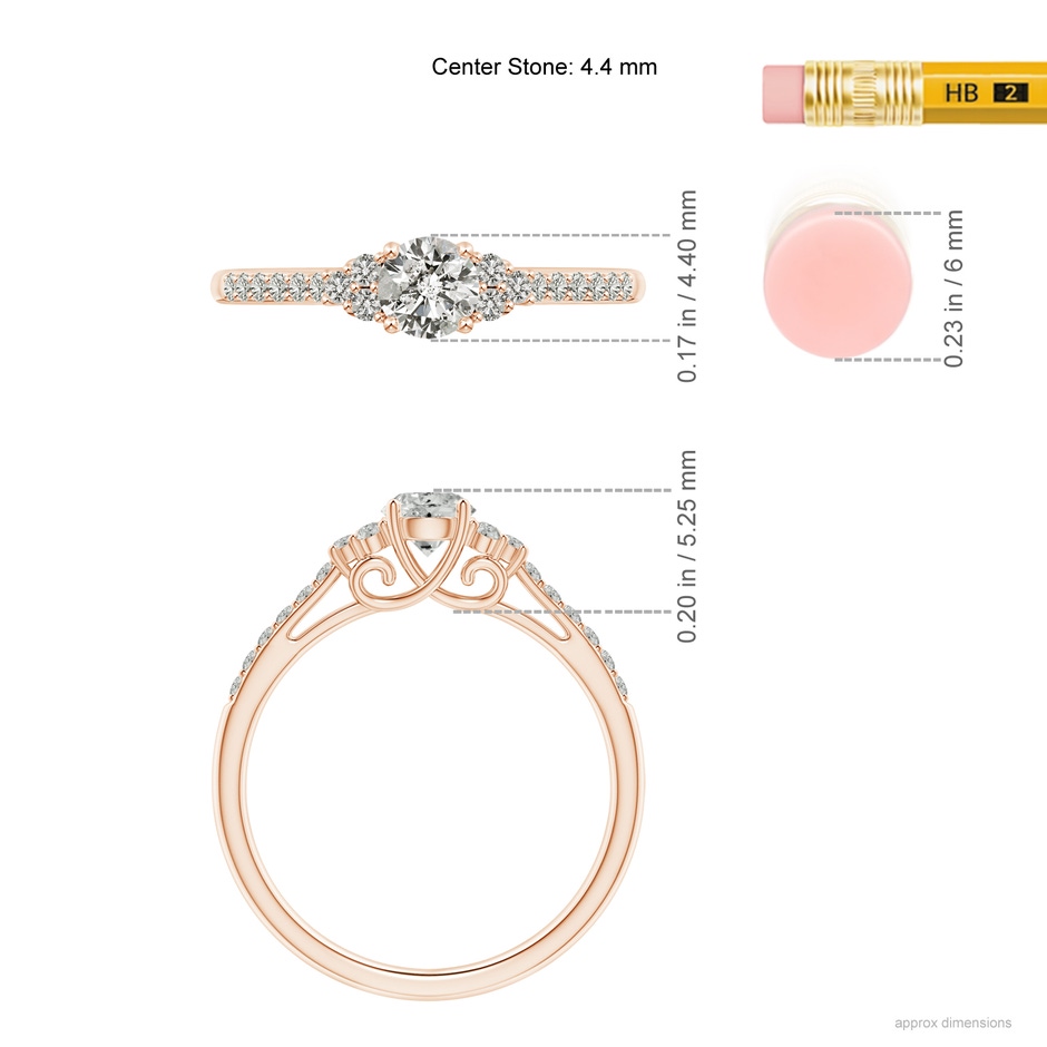 4.4mm KI3 Round Diamond Cathedral Ring with Trio Accents in Rose Gold ruler
