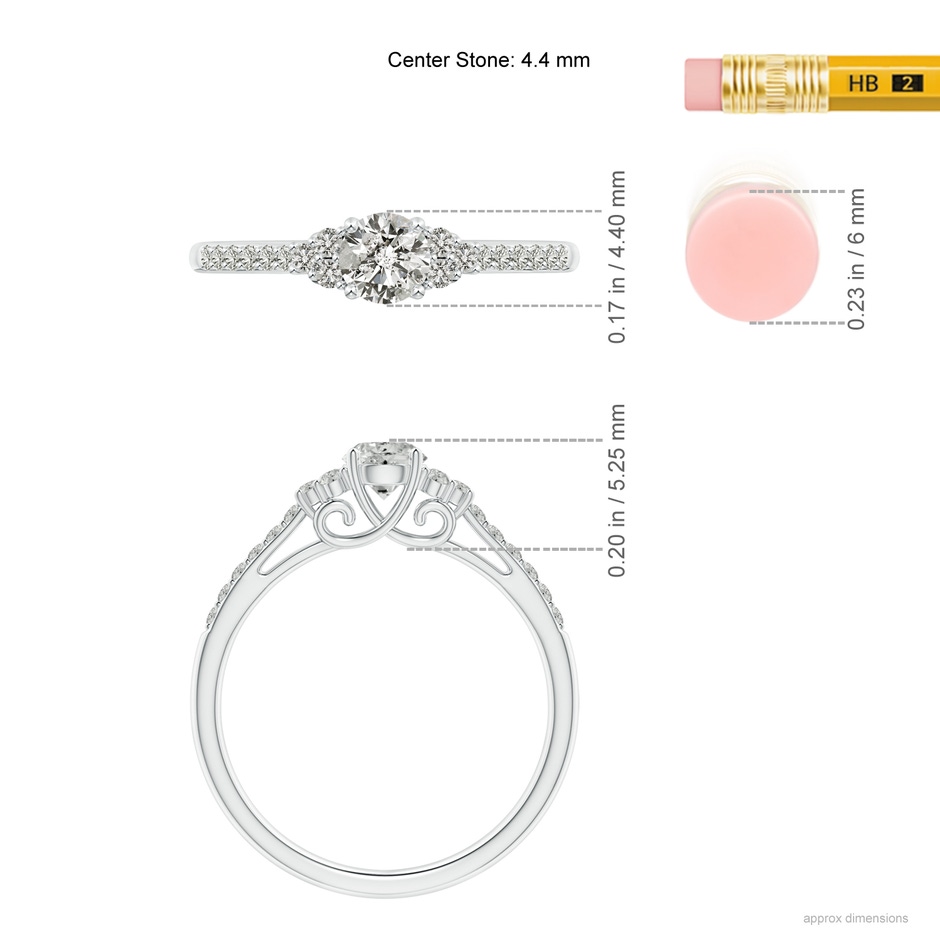 4.4mm KI3 Round Diamond Cathedral Ring with Trio Accents in White Gold ruler