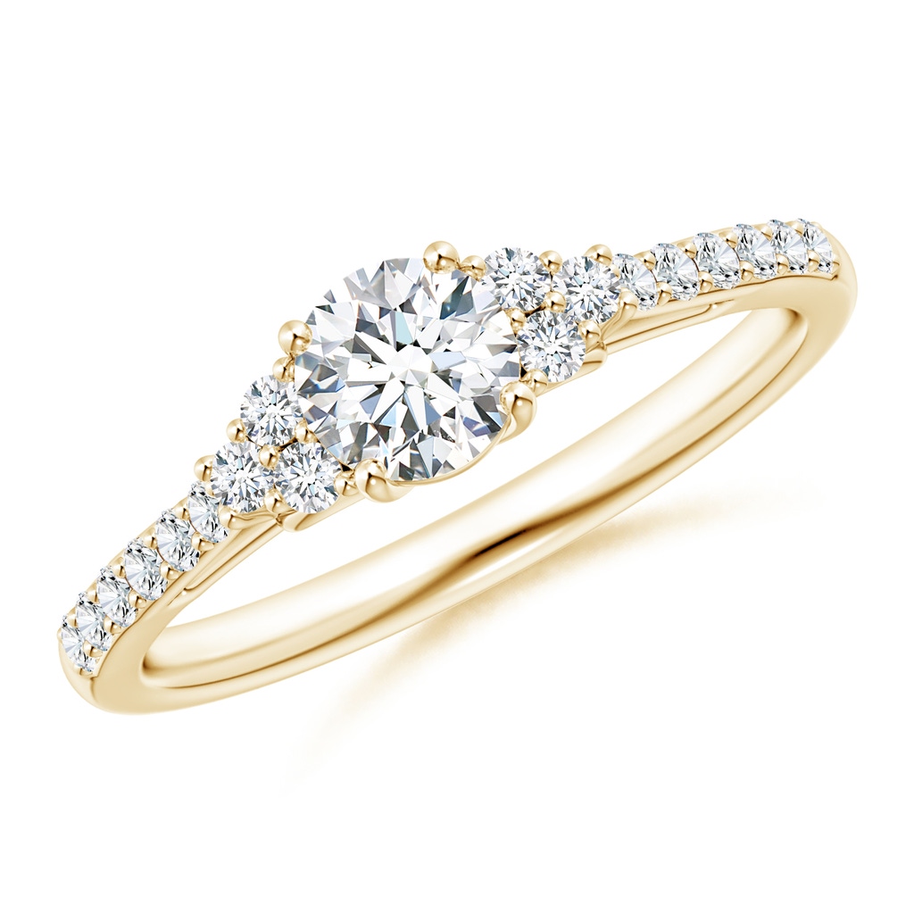 4.9mm GVS2 Round Diamond Cathedral Ring with Trio Accents in 9K Yellow Gold