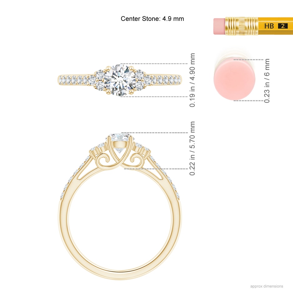 4.9mm GVS2 Round Diamond Cathedral Ring with Trio Accents in 9K Yellow Gold ruler