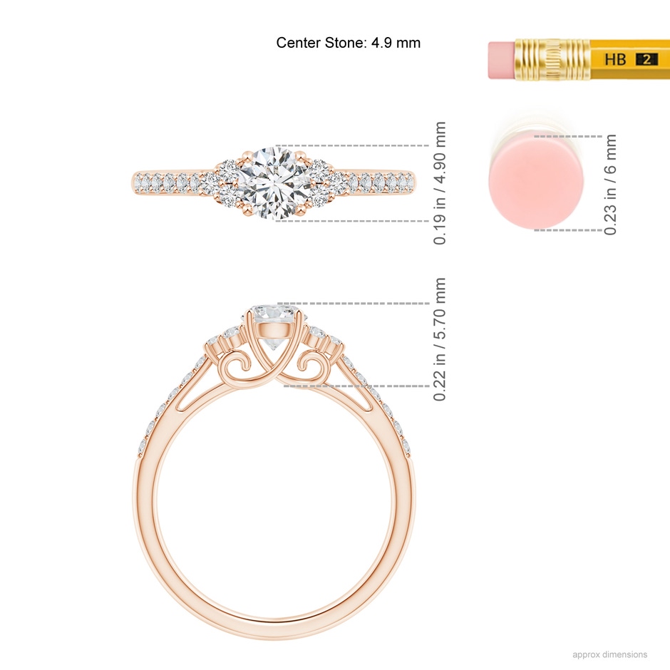 4.9mm HSI2 Round Diamond Cathedral Ring with Trio Accents in Rose Gold ruler