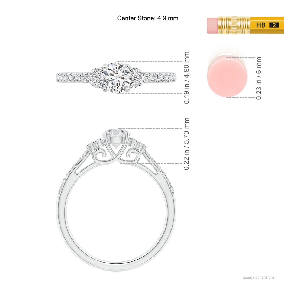 4.9mm HSI2 Round Diamond Cathedral Ring with Trio Accents in White Gold ruler