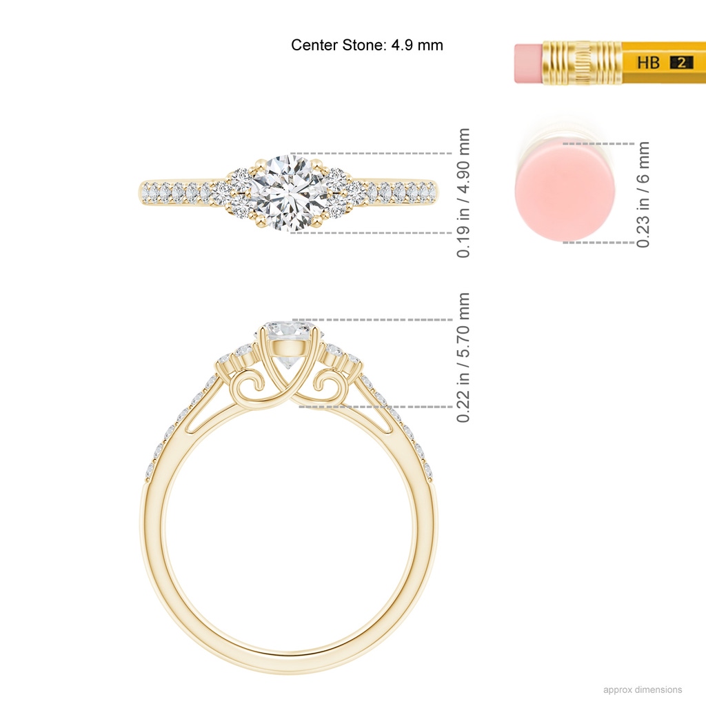4.9mm HSI2 Round Diamond Cathedral Ring with Trio Accents in Yellow Gold Ruler