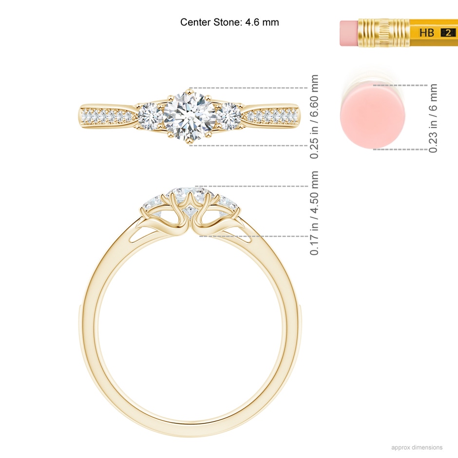 4.6mm GVS2 Prong-Set Round Diamond Three Stone Ring in Yellow Gold ruler
