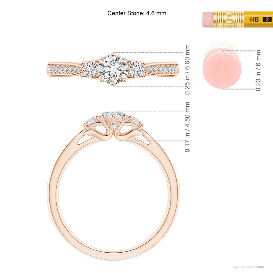 4.6mm HSI2 Prong-Set Round Diamond Three Stone Ring in Rose Gold ruler