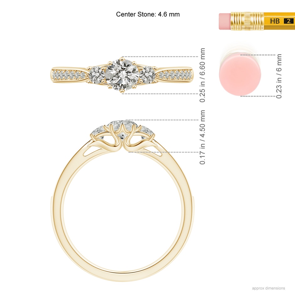 4.6mm KI3 Prong-Set Round Diamond Three Stone Ring in Yellow Gold ruler