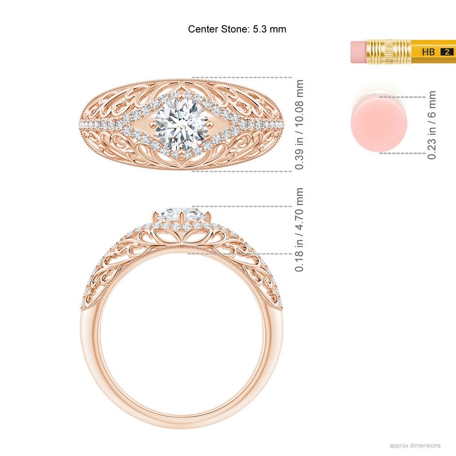 5.3mm GVS2 Vintage Inspired Diamond Filigree Engagement Ring in Rose Gold ruler