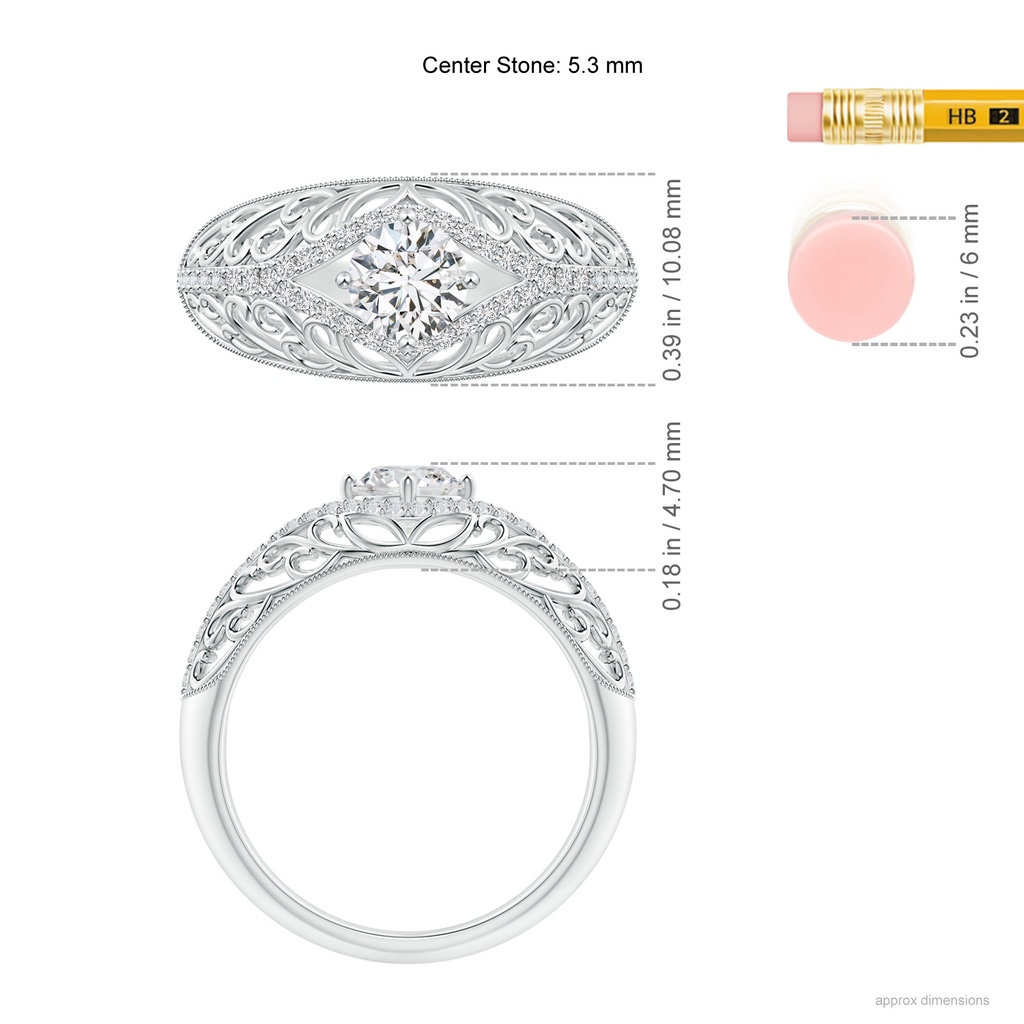 5.3mm HSI2 Vintage Inspired Diamond Filigree Engagement Ring in White Gold Ruler
