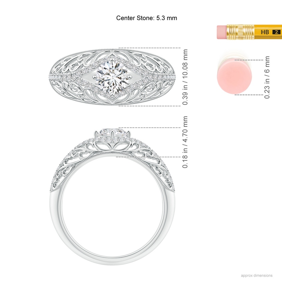 5.3mm HSI2 Vintage Inspired Diamond Filigree Engagement Ring in White Gold ruler