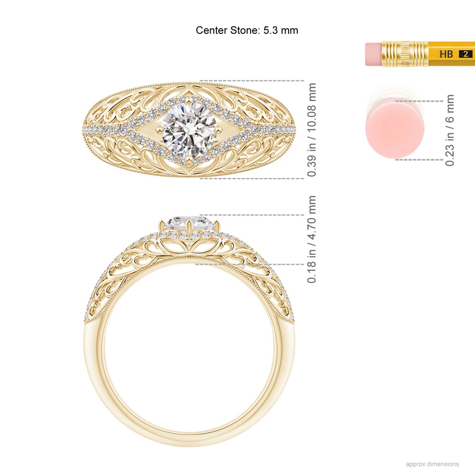 5.3mm IJI1I2 Vintage Inspired Diamond Filigree Engagement Ring in Yellow Gold ruler
