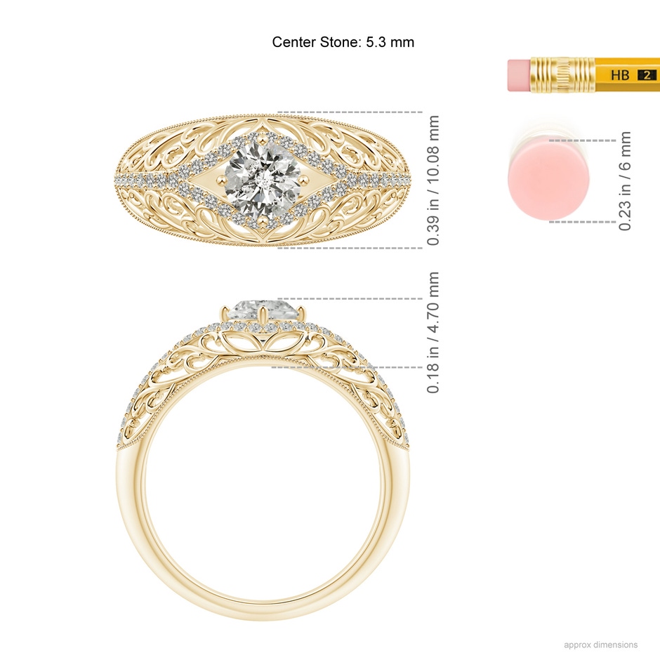 5.3mm KI3 Vintage Inspired Diamond Filigree Engagement Ring in Yellow Gold ruler