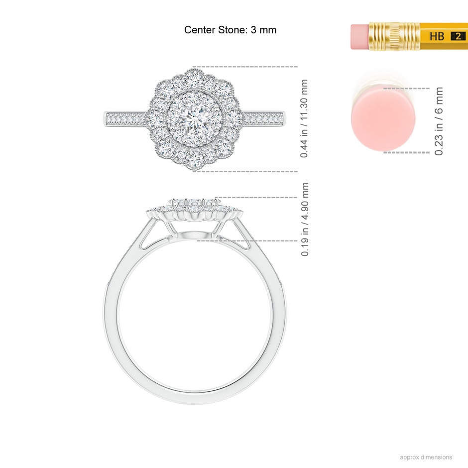 3mm GVS2 Vintage Inspired Pressure-Set Diamond Floral Engagement Ring in White Gold ruler