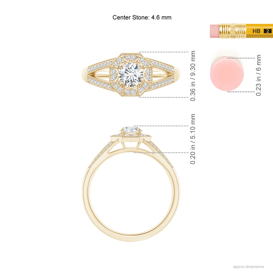 4.6mm GVS2 Art Deco Inspired Octagonal Halo Diamond Engagement Ring in Yellow Gold ruler