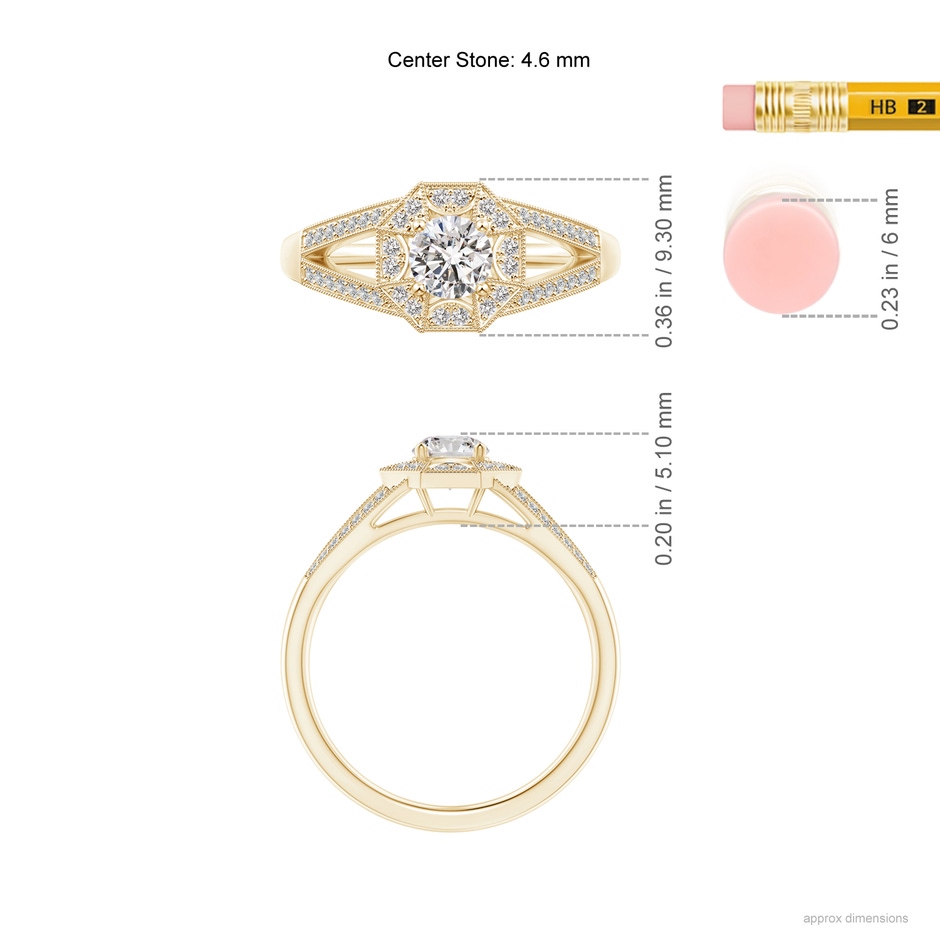 4.6mm IJI1I2 Art Deco Inspired Octagonal Halo Diamond Engagement Ring in Yellow Gold ruler