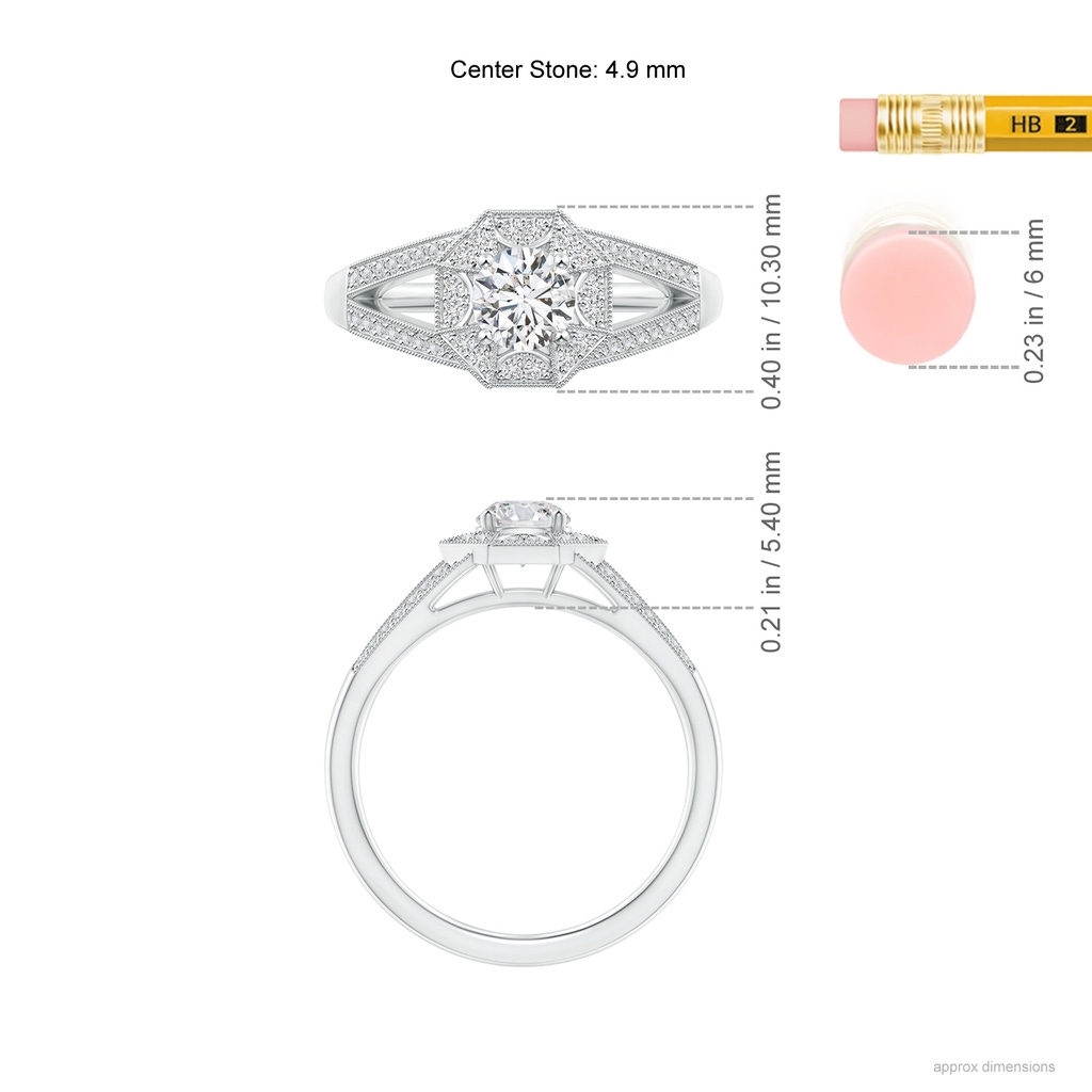 4.9mm HSI2 Art Deco Inspired Octagonal Halo Diamond Engagement Ring in White Gold Ruler