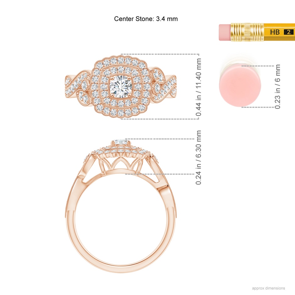 3.4mm GVS2 Vintage Inspired Diamond Double Halo Engagement Ring in Rose Gold ruler