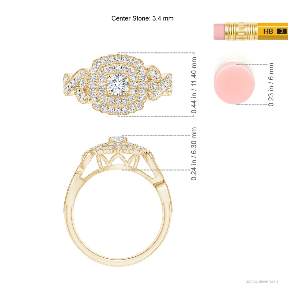 3.4mm GVS2 Vintage Inspired Diamond Double Halo Engagement Ring in Yellow Gold ruler
