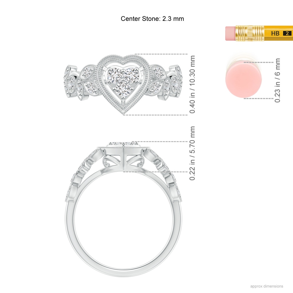2.3mm HSI2 Vintage Style Diamond Heart Ring with Leaf Motifs in White Gold Ruler