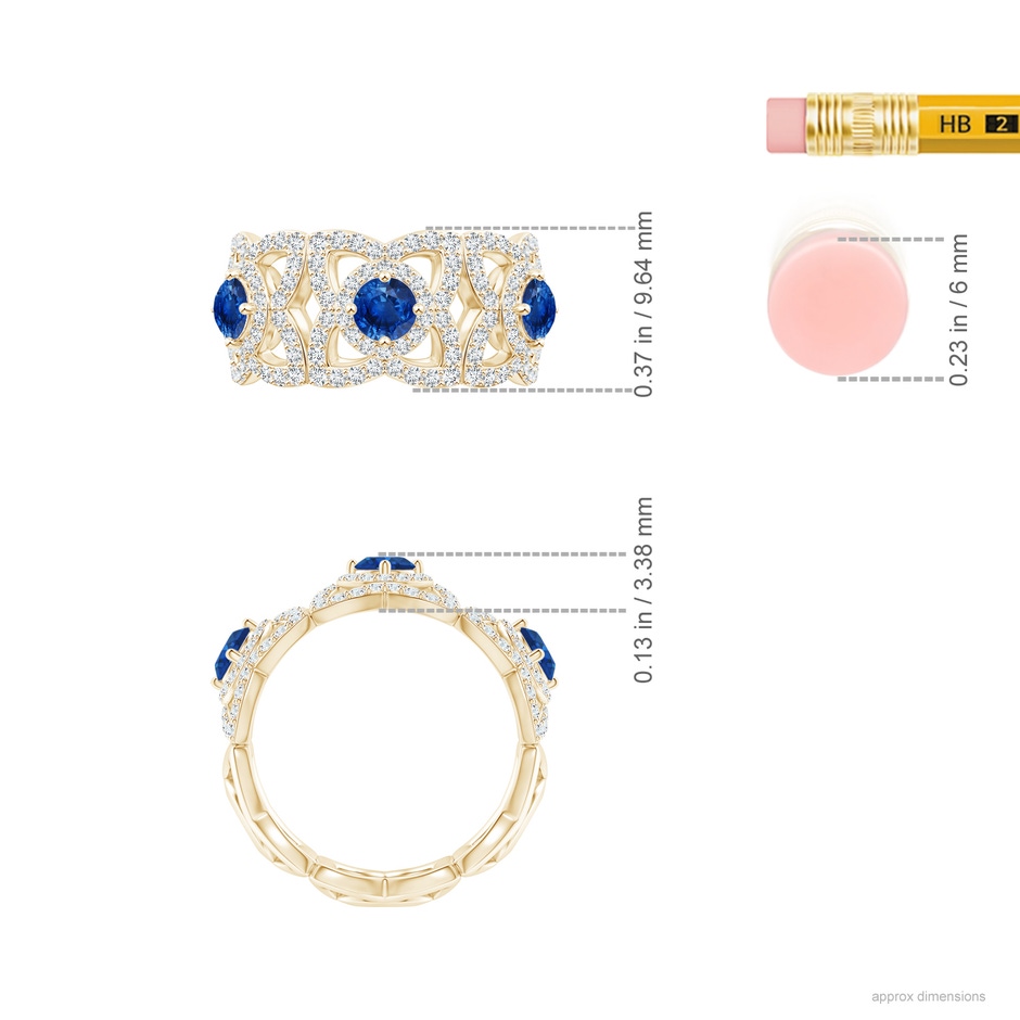 2.7mm AAA Art Deco Style Sapphire and Diamond Floral Anniversary Ring in Yellow Gold ruler