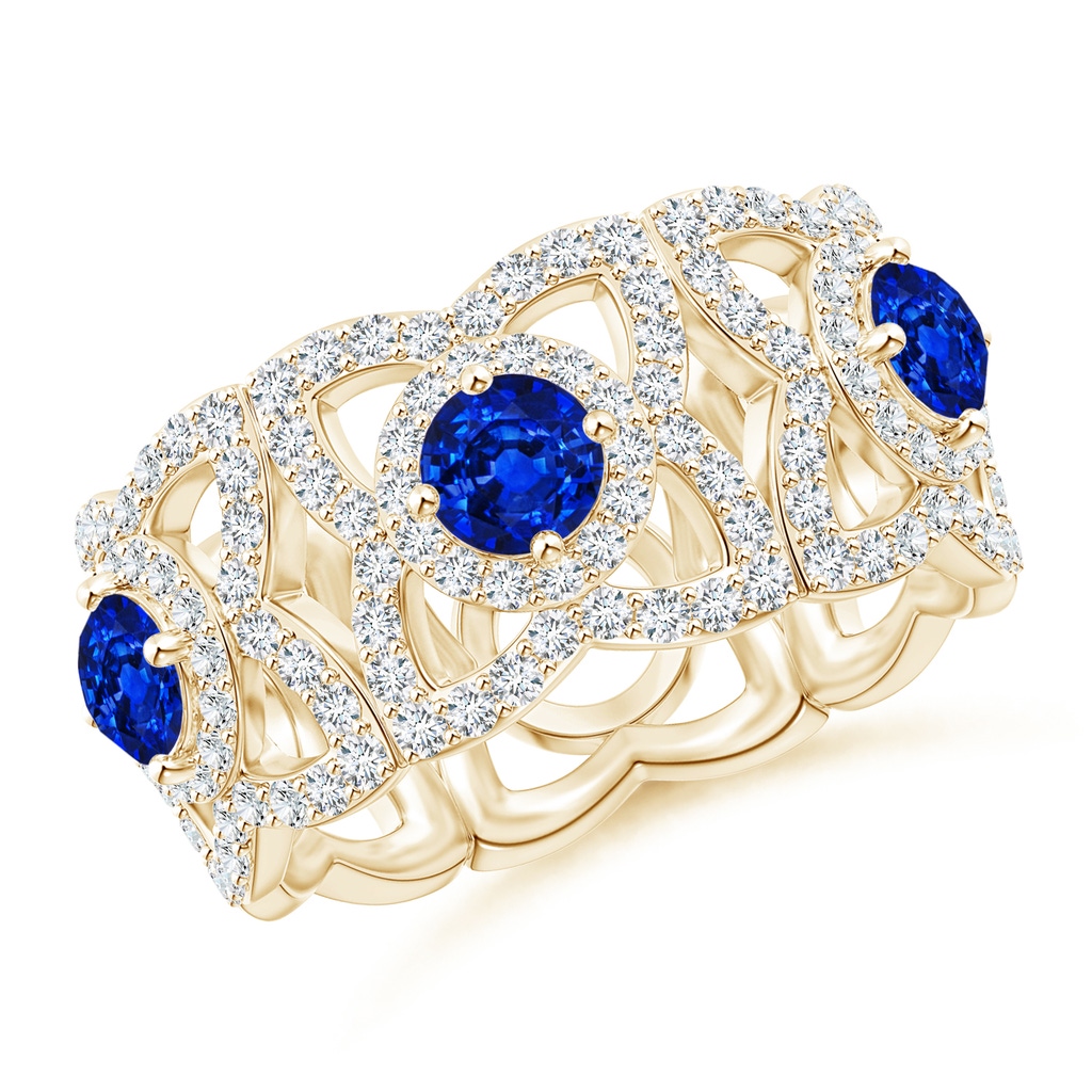 2.7mm AAAA Art Deco Style Sapphire and Diamond Floral Anniversary Ring in Yellow Gold
