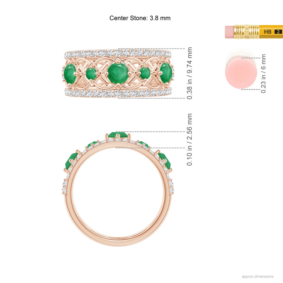 3.8mm A Art Deco Inspired Graduated Emerald and Diamond Ring in Rose Gold ruler