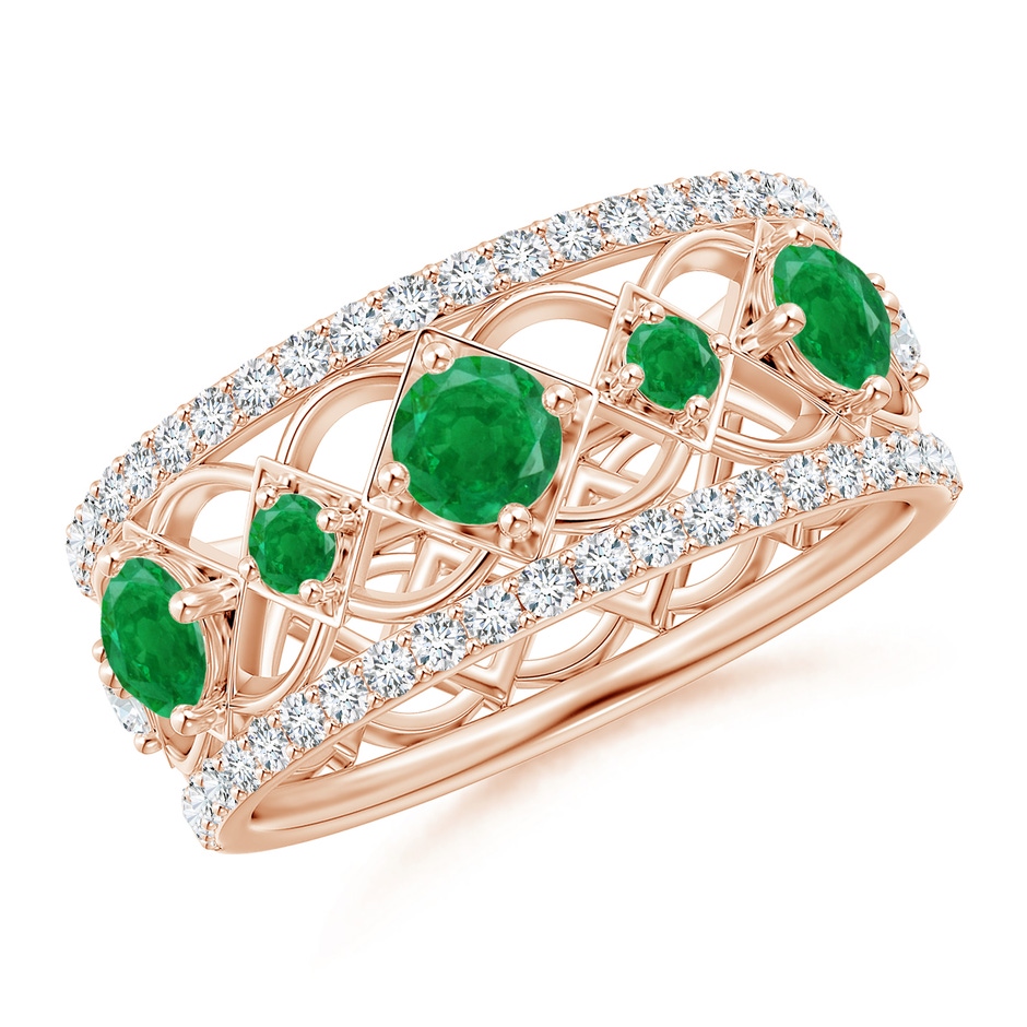 3.8mm AA Art Deco Inspired Graduated Emerald and Diamond Ring in Rose Gold 