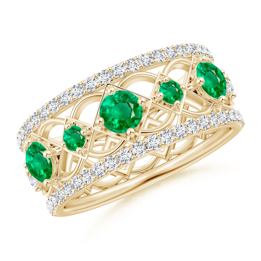 3.8mm AAA Art Deco Inspired Graduated Emerald and Diamond Ring in Yellow Gold