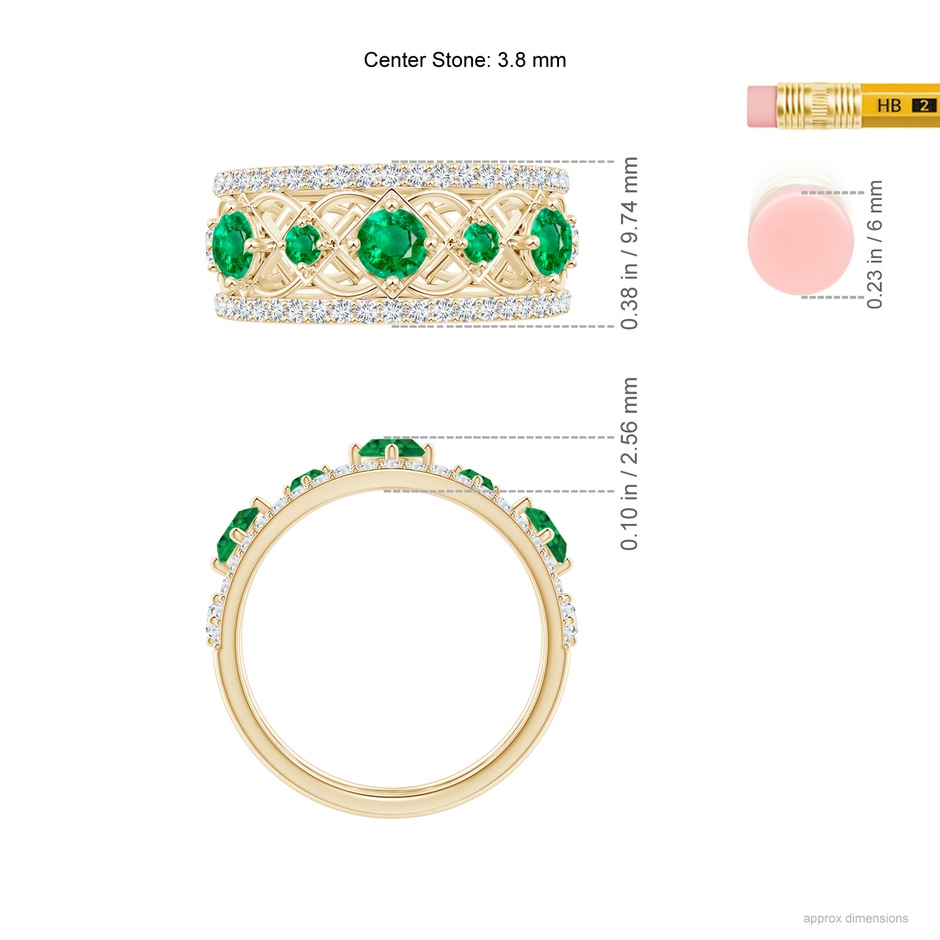 3.8mm AAA Art Deco Inspired Graduated Emerald and Diamond Ring in Yellow Gold ruler