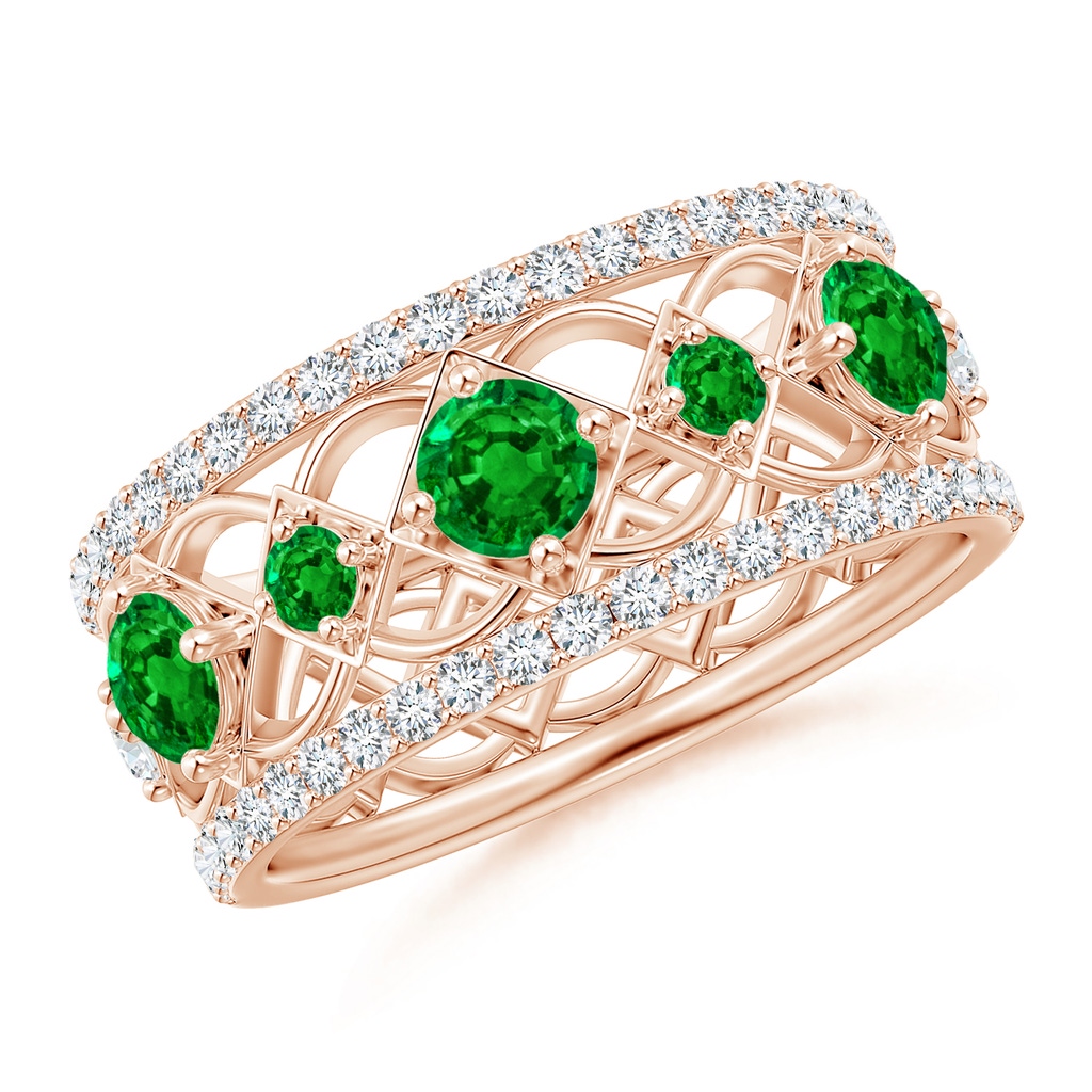 3.8mm AAAA Art Deco Inspired Graduated Emerald and Diamond Ring in Rose Gold
