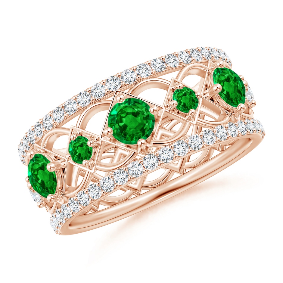 3.8mm AAAA Art Deco Inspired Graduated Emerald and Diamond Ring in Rose Gold 