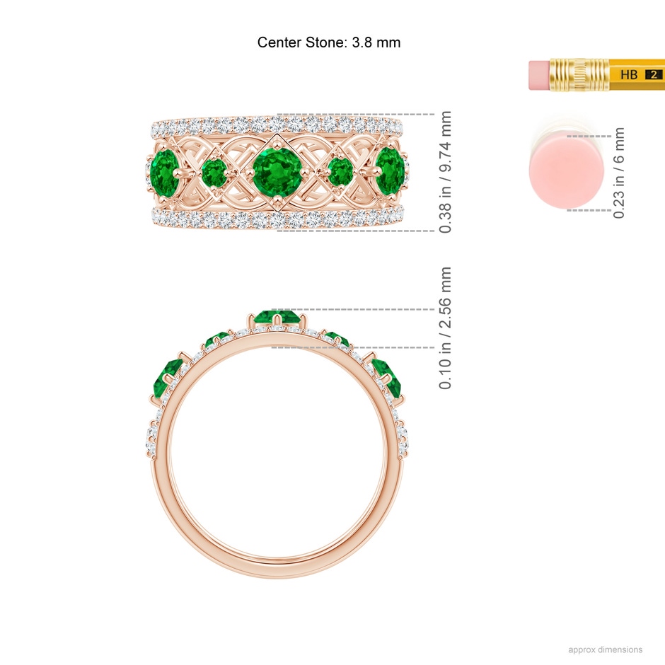 3.8mm AAAA Art Deco Inspired Graduated Emerald and Diamond Ring in Rose Gold ruler