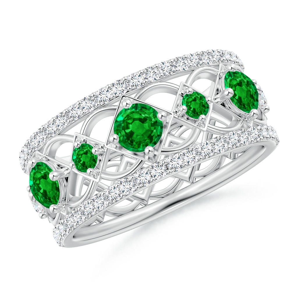 3.8mm AAAA Art Deco Inspired Graduated Emerald and Diamond Ring in White Gold