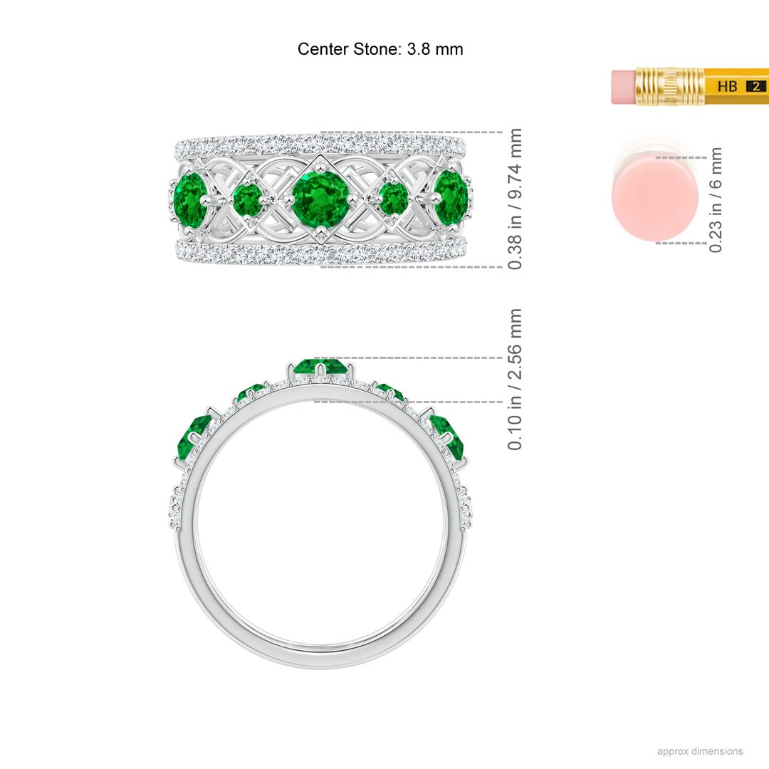 3.8mm AAAA Art Deco Inspired Graduated Emerald and Diamond Ring in White Gold - ruler
